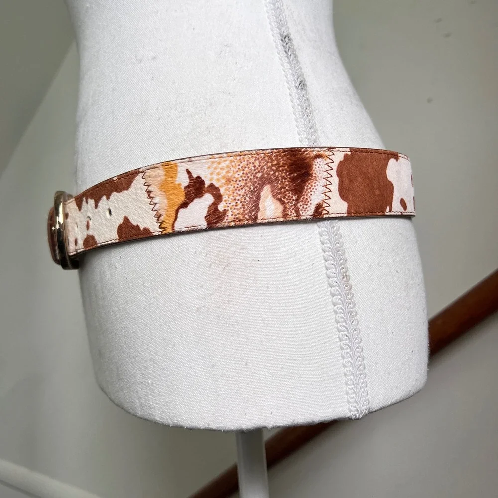 Vintage Cow Print Calf‎ Hair Belt Brown Gold White Patchwork Western Boho Rodeo